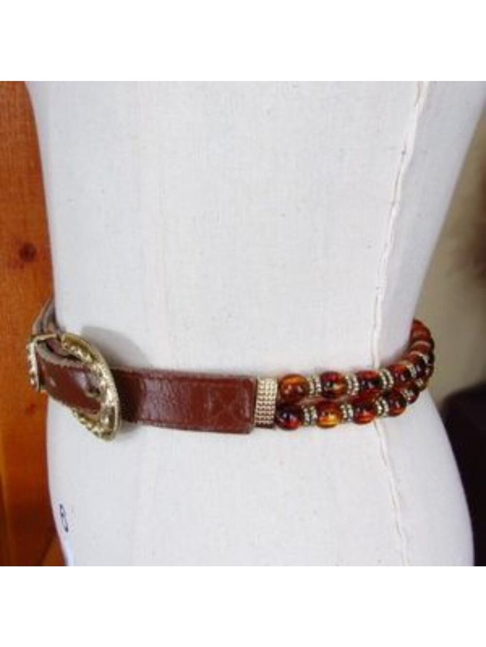 EXPRESS Leather & Amber Beads Gold Buckle Belt Costume Medium Waist